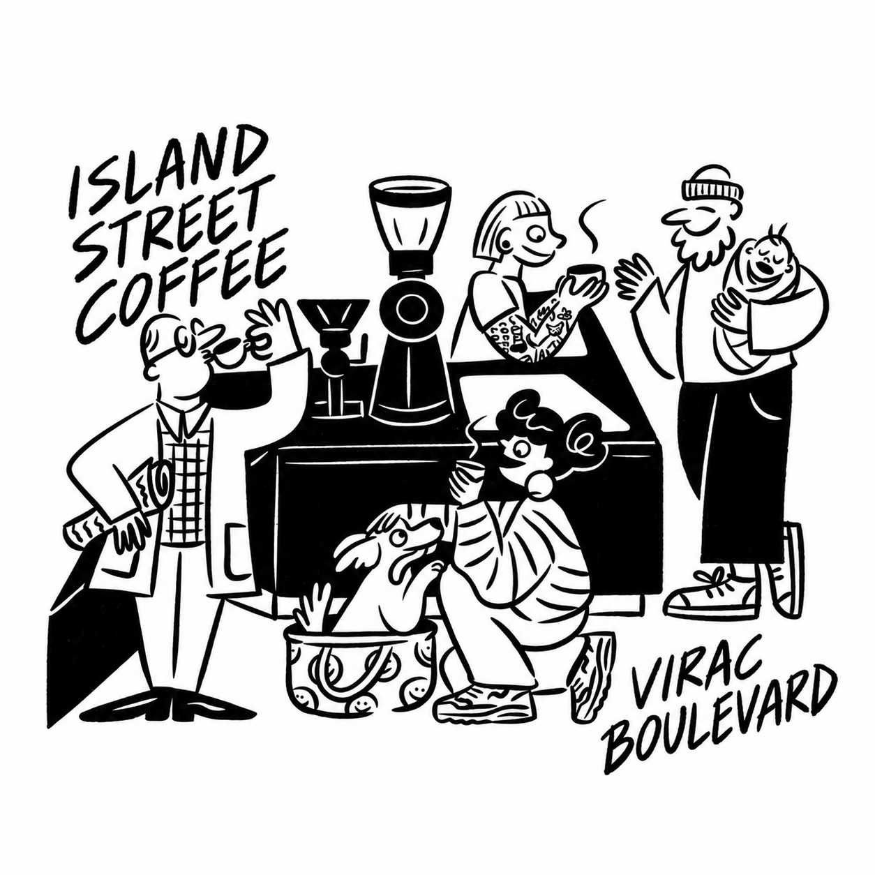 Coffee shop illustration with hand-drawn ISLAND STREET COFFEE and VIRAC BOULEVARD lettering